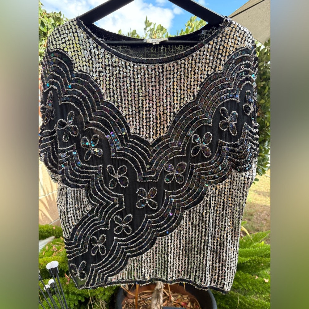 Vintage Silk  Black and Silver Sequin Top